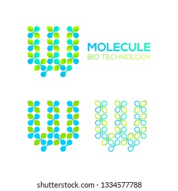 Letter W Logotype with Green Leave and Dots cross, Molecular cell structure concept, Nano Technology and Ecology Biology logo, Eco Plant Icons, Chemistry and DNA Symbols, Science Laboratory Signs