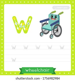 Letter W lowercase cute children colorful transportations ABC alphabet tracing practice worksheet of Wheelchair for kids learning English vocabulary and handwriting Vector Illustration.