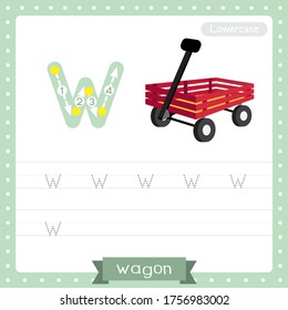 Letter W lowercase cute children colorful transportations ABC alphabet tracing practice worksheet of Wagon for kids learning English vocabulary and handwriting Vector Illustration.