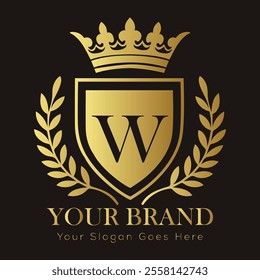 Letter W luxury gold logo concept brand logo design with a royal gold crown emblem and elegant typography
