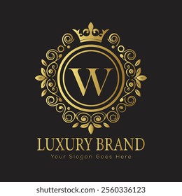 Letter W luxury gold logo concept brand logo design with a royal gold crown emblem and elegant typography
