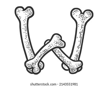 letra W hecha de hueso dibujo grabado ilustración vectorial. Fuente de los huesos. Diseño de impresión de ropa de camiseta. Imitación de tablero de raquetas. Imagen dibujada a mano en blanco y negro.