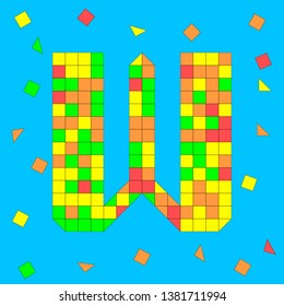 Letter W made of colored squares and triangles. Mosaic font.