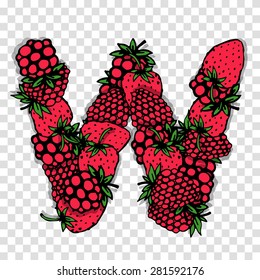 Letter W made from red berries, sketch for your design.. Vector illustration