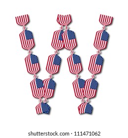 Letter W made of USA flags in form of candies on white background