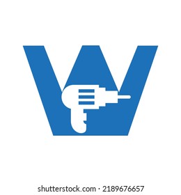 Letter W Manufacturing Construction Logo Design Concept With Drill Machine Symbol Vector Template