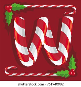Letter W, the mark of red and white sweets sweet candy cane on red background, illustration, vector