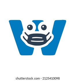 Letter w in medical mask, cute character in doodle style