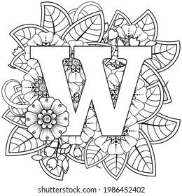 Letter W with Mehndi flower. decorative ornament in ethnic oriental style. coloring book page. 