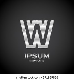 Letter W with metallic texture,3d Glossy, metal texture, Silver, steel and realistic shadow for logo