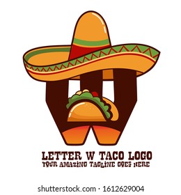 Letter W Mexican Meat Taco Dishes with Sombrero Hat Vector Logo Design Illustration Food on White Background for Restaurant and Cafe. Initial Typography Logotype Template