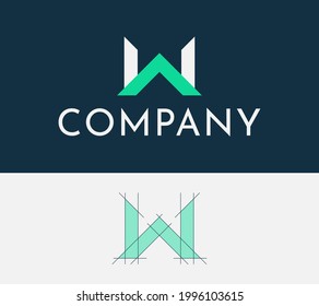 Letra W Icono moderno con esquinas nítidas. Icono elegante en azul, colores verdes. Diseño de logotipo de carta elegante con cuadrícula para identidad corporativa, negocios, web, aplicación. Señal del vector.