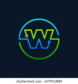 Letter W Mono Line Logo With Element Chip, Connect Concept , Circle Shape Symbol, Green And Blue Color, Technology And Digital Abstract Dot Connection - Vector