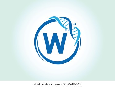 Letra W monograma en un círculo con ADN. Concepto de diseño del logo genético. emblema de letra. Logo vectorial moderno para medicina, ciencia, laboratorio, negocios e identidad de empresa