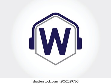 Letter W monogram alphabet with a headphone. Headphone Logo vector icon symbol. Music sign symbol. Font emblem. Design element for poster, banner, t-shirt, notebook cover, sticker, greeting card, bag,