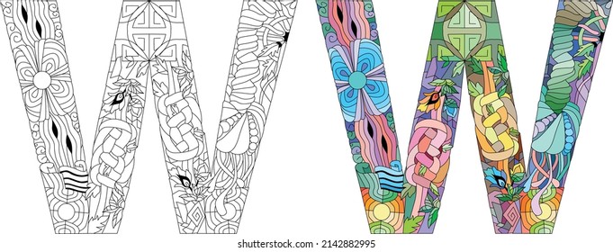 Monograma de letra W para colorear, grabado. Ilustración vectorial. Conjunto de colores y contorno