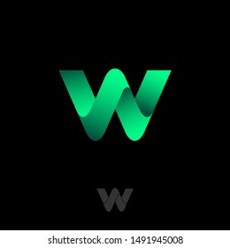 Letter W. W monogram consist of green ribbon. W symbol. Abstract wave, isolated on a dark background.