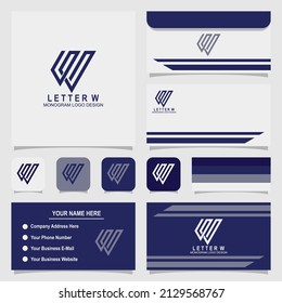 Diseño de logotipo de monograma de carta W con tarjeta de visita y plantilla de sobre
