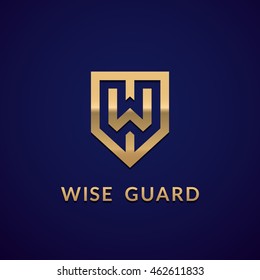 Letter "W" monogram and shield sign combination. Line art logo design. Symbolizes reliability, safety, power, security. Eps10 vector luxury logotype.