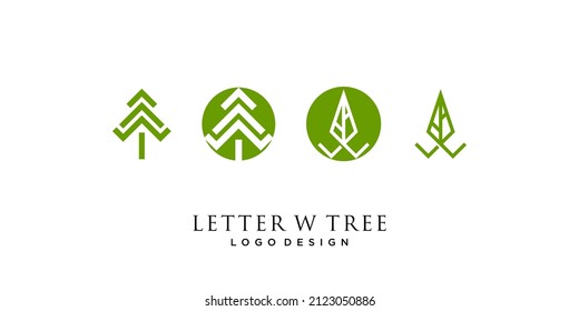 Diseño de logotipo de árbol monograma de letra W con plantilla de tarjeta de visita.