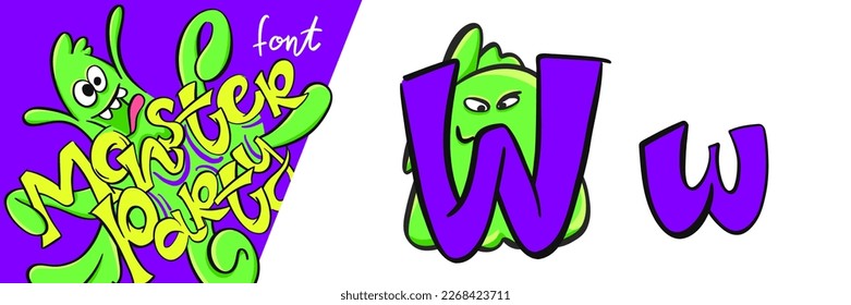 Letter W from the Monster party alphabet font. Large and small cartoon style letters set with cute monsters behind them for children, kindergarten, school, education, home party decor illustration