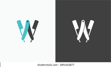 Letter W Old Barber Shaving Razor for Barbershop Logo design and Vintage Salon Business Branding identity