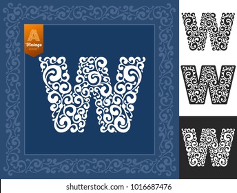 Letter W from ornate unusual alphabet. Can be use as initial letter, monogram, logotype and any other designs. Isolated on black and white background. Variant with frame. Vector illustration.