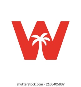 Concepto de diseño de logotipo de árbol de palmas W para la plantilla de vectores de iconos de paisajes de playa para viajes