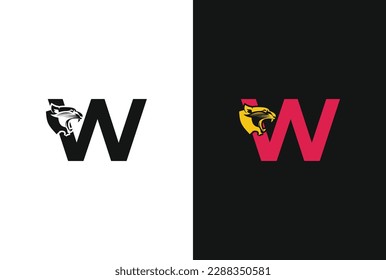 Letter W with panther head illustration in flat design monogram symbol. W panther head icon logo vector.