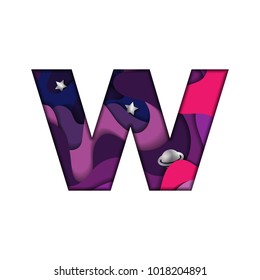 Letter W in paper cut style. Realistic cosmic papercut design of alphabet symbol on white background. Colorful multi layers 3D effect. Font element for festive or greeting card. Vector illustration.