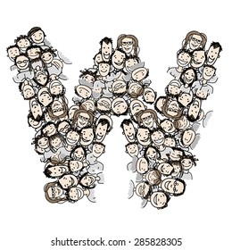 Letter W, people crowd, vector alphabet for your design