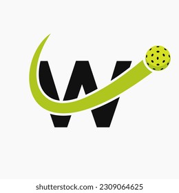 Letter W Pickleball Logo Concept With Moving Pickleball Symbol. Pickle Ball Logotype