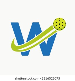 Letter W Pickleball Logo Concept With Moving Pickle Ball Symbol. Pickle Ball Logotype