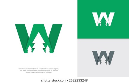 Letter W Pine Tree Logo. Unique letter W logo incorporating pine trees in the negative space. Suitable for nature-focused businesses or brands with the initial W seeking a distinctive and modern mark.