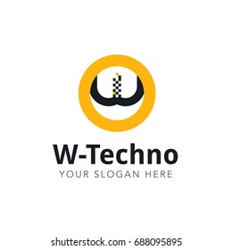 Letter W Pixel Logo Design Template With Yellow Circle Isolated on White Background. Vector Illustration