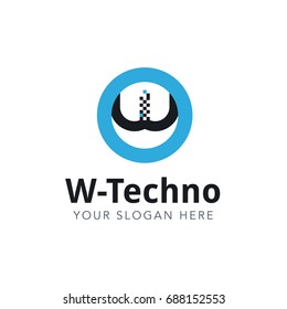 Letter W Pixel Logo Design Template With Blue Circle Isolated on White Background. Vector Illustration