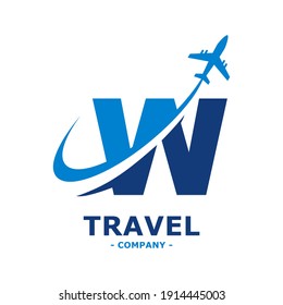 letter W with plane and airline logo vector template. Suitable for travel label, tourism, journey posters, flight company advertising, airways identity, and tech transportation