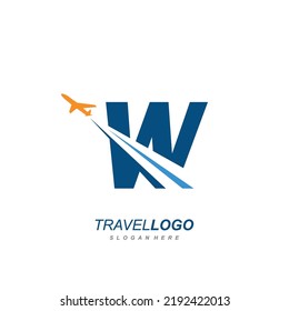 letra W con plantilla vectorial del logotipo del plano. logotipo para etiquetas de viaje, turismo, afiches de viaje, identidad de vías aéreas y transporte tecnológico