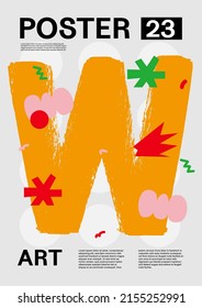 Letter W. Poster layout design. Alphabet. Cute font. Template poster, banner, flyer.