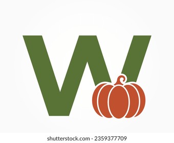 letter w with pumpkin. vegetable and organic food alphabet logotype symbol. agriculture and harvest design. halloween symbol. isolated vector image