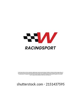 letter W with racing flag icon template logo design