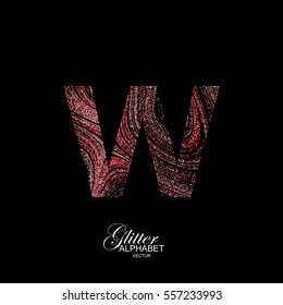 Letter W of red and silver glitters. Typographic vector element for design. Part of curly textured alphabet with shiny paillettes. Letter W with diffusion glitter swirly pattern. Vector illustration