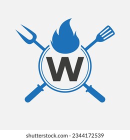 Letter W Restaurant Logo with Grill Fork and Spatula Icon. Hot Grill Symbol