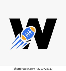 Letter W Rugby Logo Concept With Moving Rugby Ball Icon. Rugby Sports Logotype Symbol Vector Template