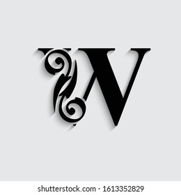 letter W with shadow. Black alphabet.  Beautiful flower  capital letters