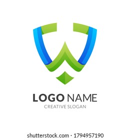 letter w and shield logo template, modern 3d logo style in gradient green and blue color