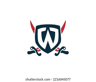 Letter W Shield Logo With Two Crossing Swords. Power, Loyalty and Security Creative Vector Illustration.