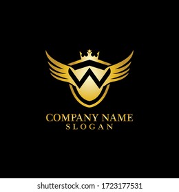 Letter W Shield, Wing and Crown gold in elegant style with black background for Business Logo Template Design, Emblem, Design concept, Creative Symbol, Icon