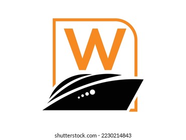 Letter W with the ship, cruise, or boat logo design template, icon sign symbol ocean waves vector illustration.