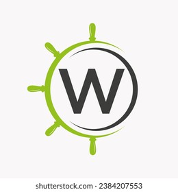Letter W Ship Logo Concept With Ship Wheel Symbol Vector Template